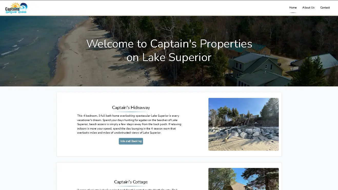 screenshot of Captains Lakefront Properties homepage